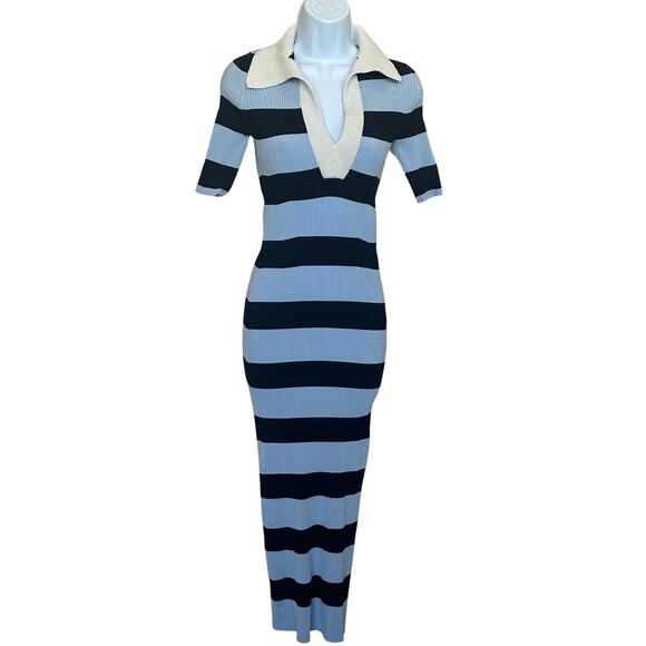 A.L.C. Blue Black Stripe Polo Midi Dress XL Preppy Ribbed Knit Designer $500 - Picture 3 of 12